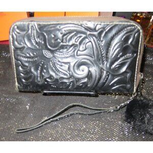 PATRICIA NASH Vintage Black Floral Tooled Leather Zip Around Long Wallet Wristle